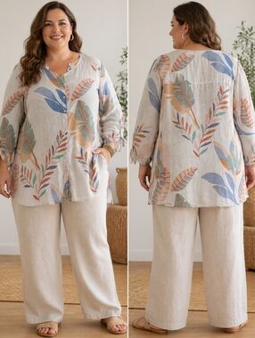 Cynthia Rowley Linen Tunic 2X, Boho Leaf Button Up Blouse